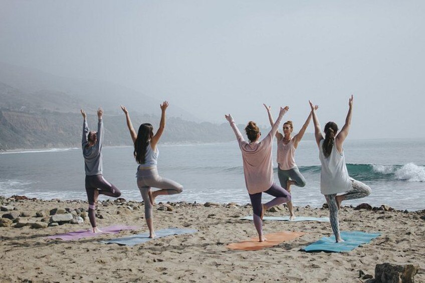 Un grupo de personas practicando yoga sobre esterillas en una playa, con el océano y colinas al fondo. 5