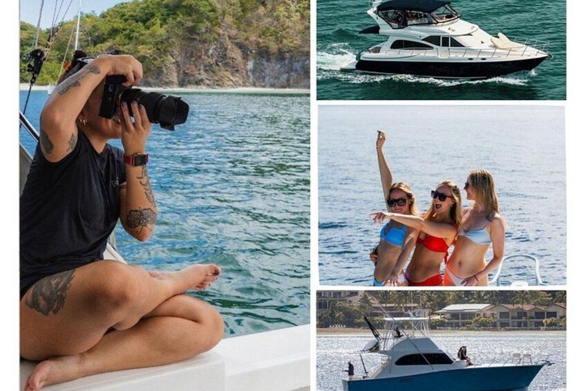 A person taking a photo, a boat on water, and people on a dock. 5