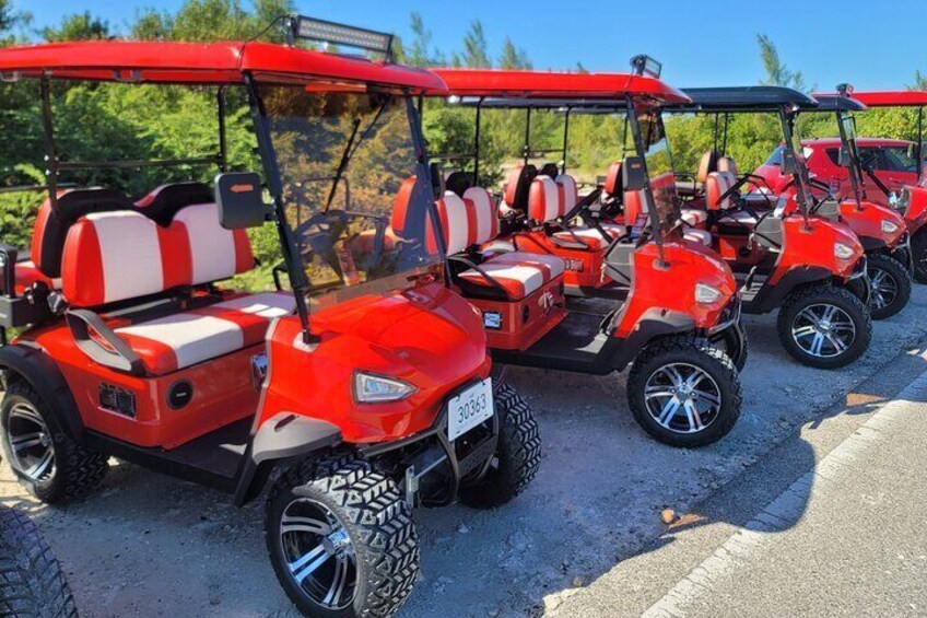 Række af røde golfbiler parkeret på en grusvej. 5