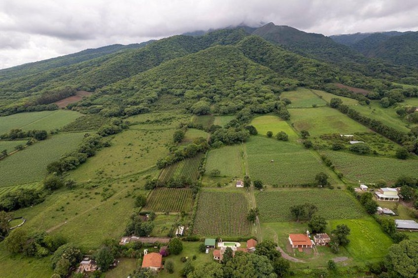 A rural landscape with fields, scattered houses, and a mountain range in the background. 4