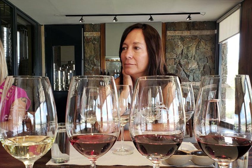 A person seated at a table with multiple wine glasses. 5
