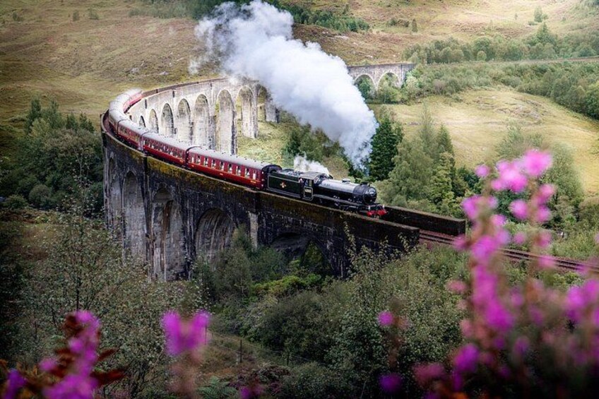 Un tren de vapor sobre un puente, con humo, rodeado de vegetación y un puente de arco de piedra al fondo. 1