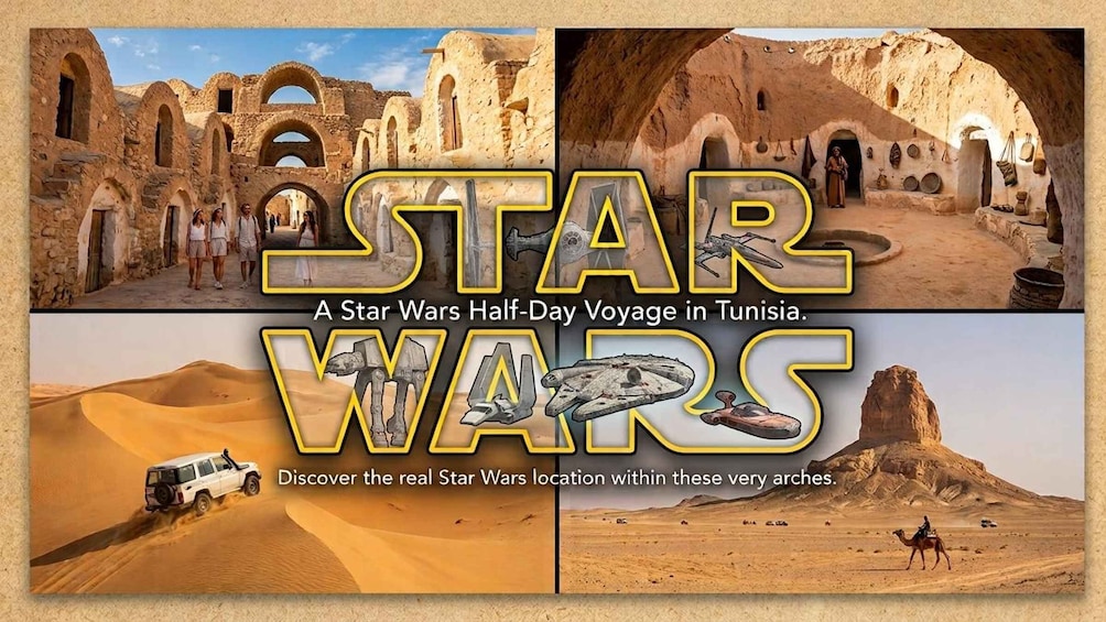A Star Wars themed travel advertisement featuring desert landscapes and ancient architecture. 1