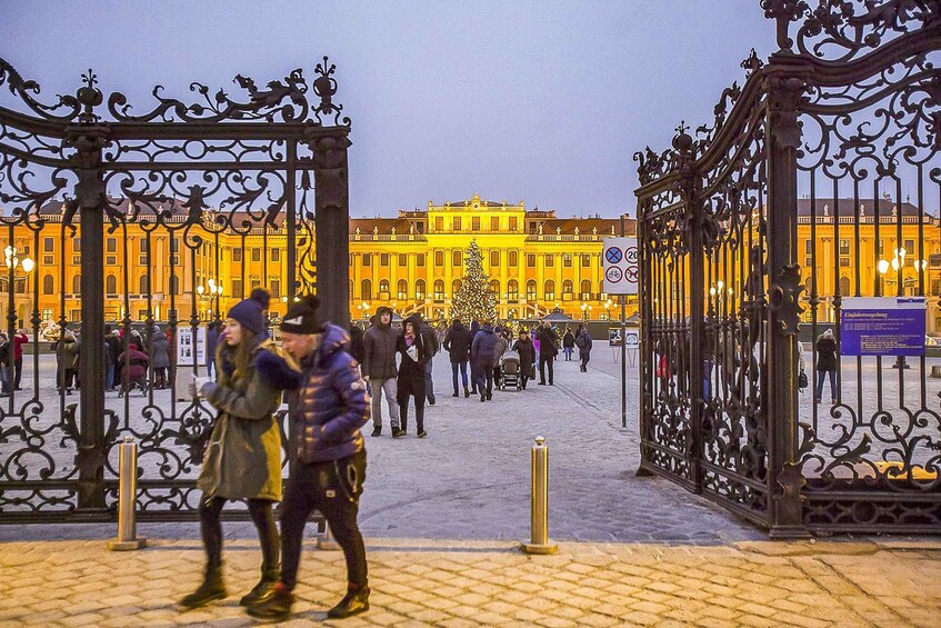A historic building with ornate gates and a Christmas tree in the foreground. 4