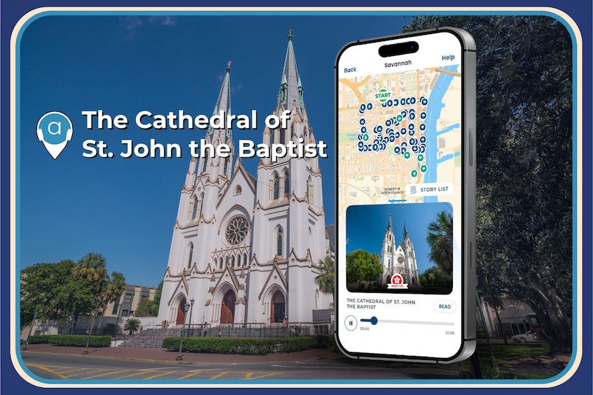 Una cattedrale con una mappa e un video visualizzato su uno smartphone. 3
