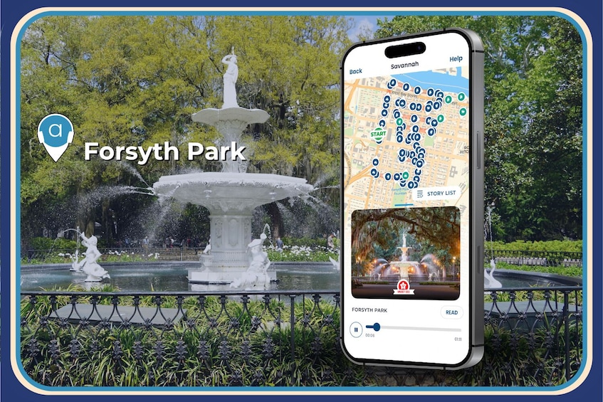 Uno smartphone mostra una mappa con Forsyth Park evidenziato, una fontana e una statua. 5