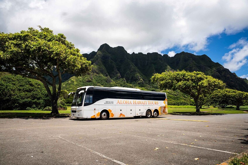 Un autocar de tourisme est garé sur un parking, avec un paysage montagneux en arrière-plan. 5