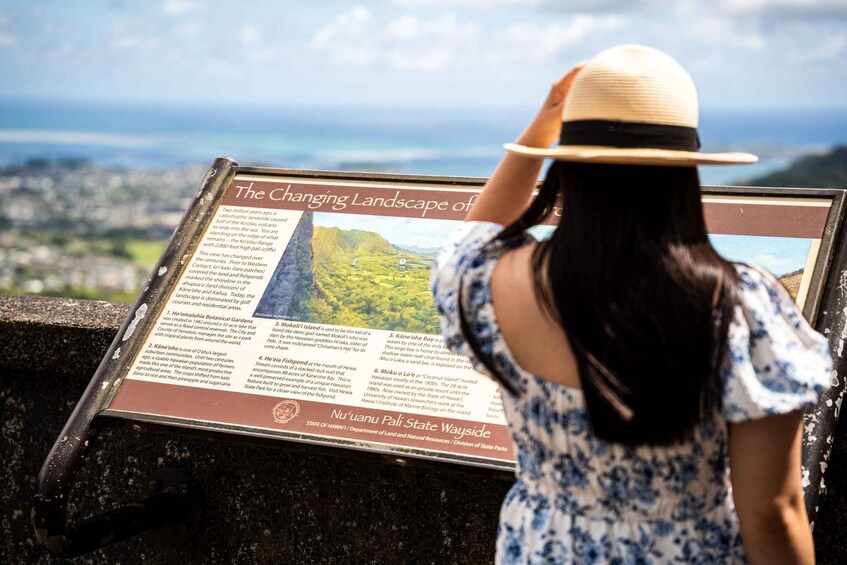 Une personne est en train de lire un panneau d’information sur l’évolution du paysage d’une région. 3