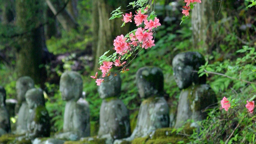 Stone statues and a cherry blossom branch