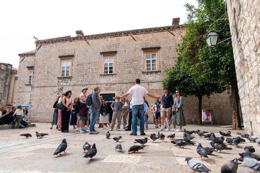 A group of people standing in a courtyard with pigeons on the ground. 3