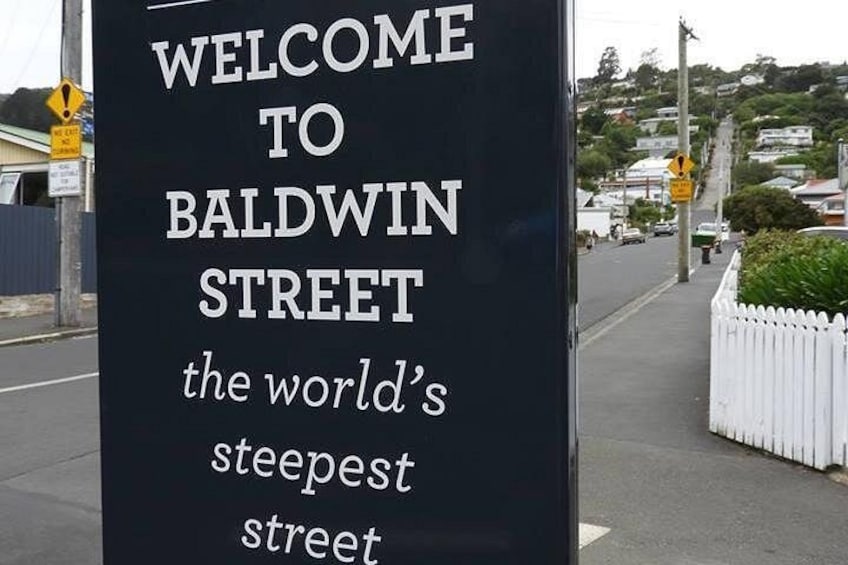 A street sign welcoming visitors to Baldwin Street, known as the world's steepest street. 1