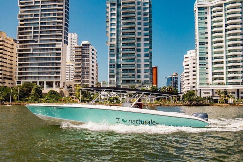 A speedboat with 'Natterjake' written on its side, moving through water with a cityscape in the background. 3