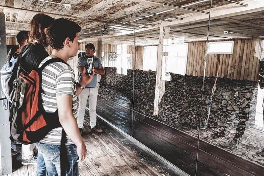 A group of people observing an archaeological site through a glass barrier. 3