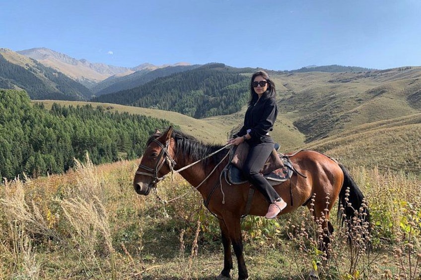 En person som rider på en häst på en gräsklädd kulle med berg i bakgrunden. 1