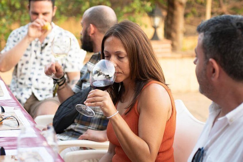 Un grupo de personas sentadas en una mesa al aire libre, algunas sosteniendo copas de vino. 4