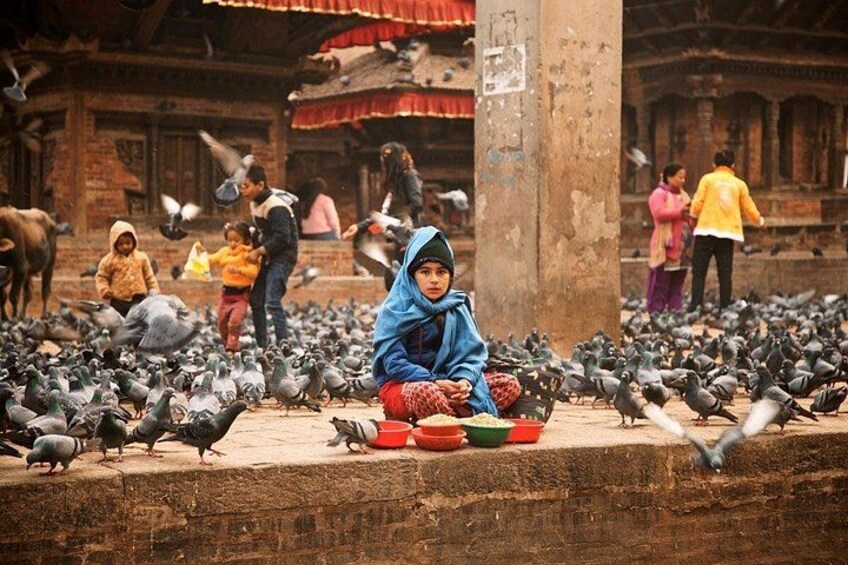 A child sitting among pigeons, with people in the background and traditional architecture. 4