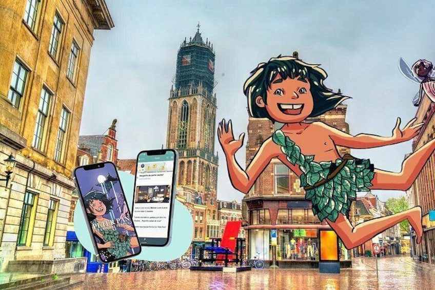 Eine Comicfigur in einem grünen Kleid, ein Smartphone mit einer Karte und ein historisches Gebäude im Hintergrund. 2