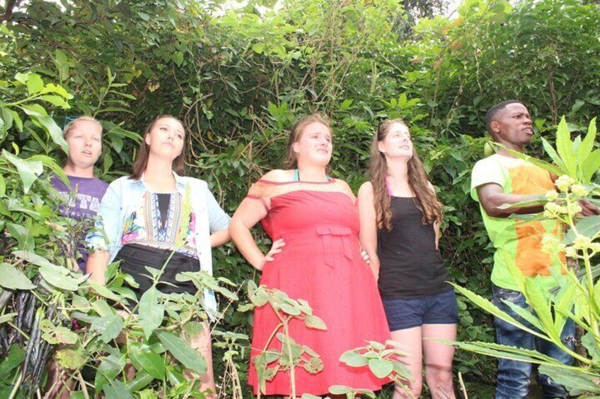 Five people standing outdoors with dense foliage in the background. 1