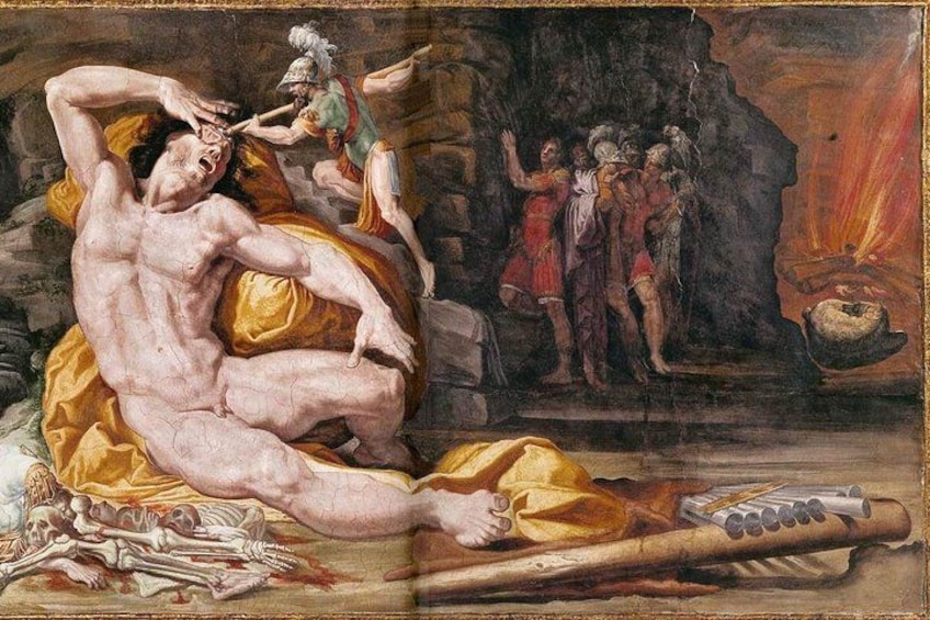 A classical painting with a central nude figure, a skeleton, and a group of figures in the background. 2