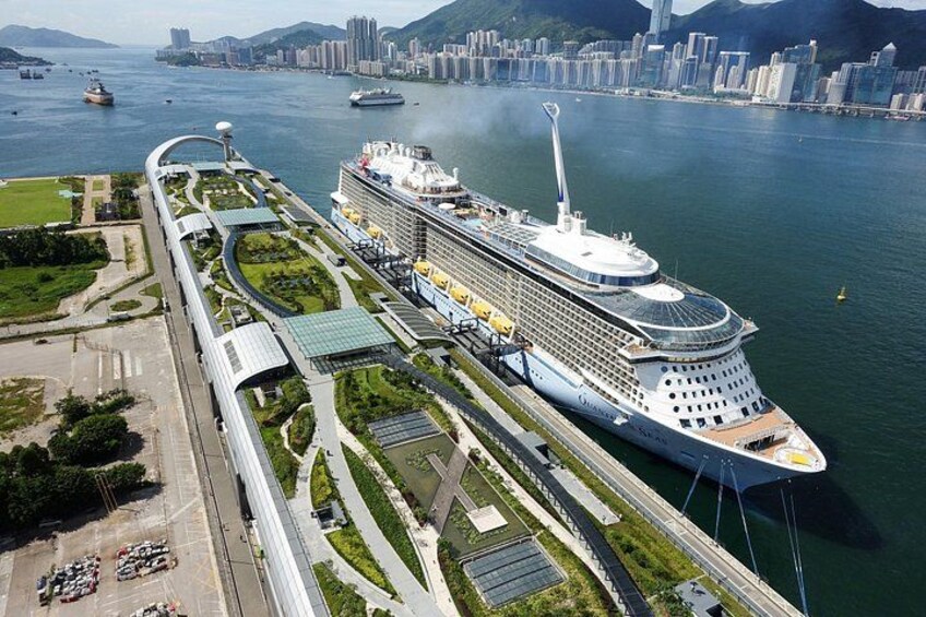 Un crucero amarrado en un puerto, con el horizonte de una ciudad al fondo. 5