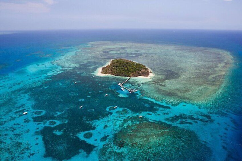 An aerial view of a turquoise coral reef with a small island surrounded by clear waters. 3