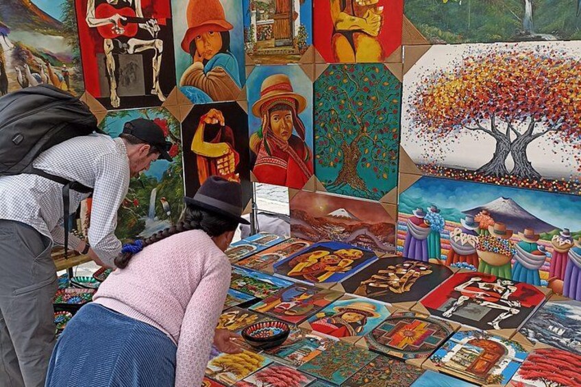 A colorful mural with various scenes and figures, a person bending over a table with items, and another person standing with a backpack. 1