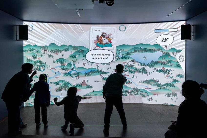 A projection of a traditional landscape with a character card and a timer. 2