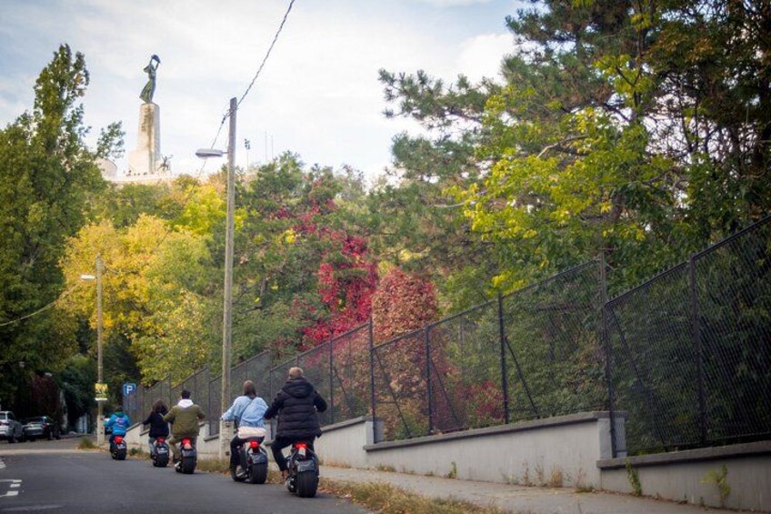 Eine Gruppe Motorradfahrer auf einer Straße, im Hintergrund ein Zaun und Bäume. 5