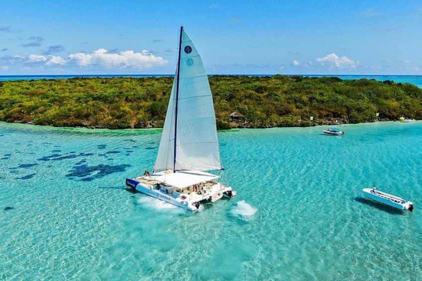 Un velero en aguas turquesas con una isla boscosa al fondo. 3