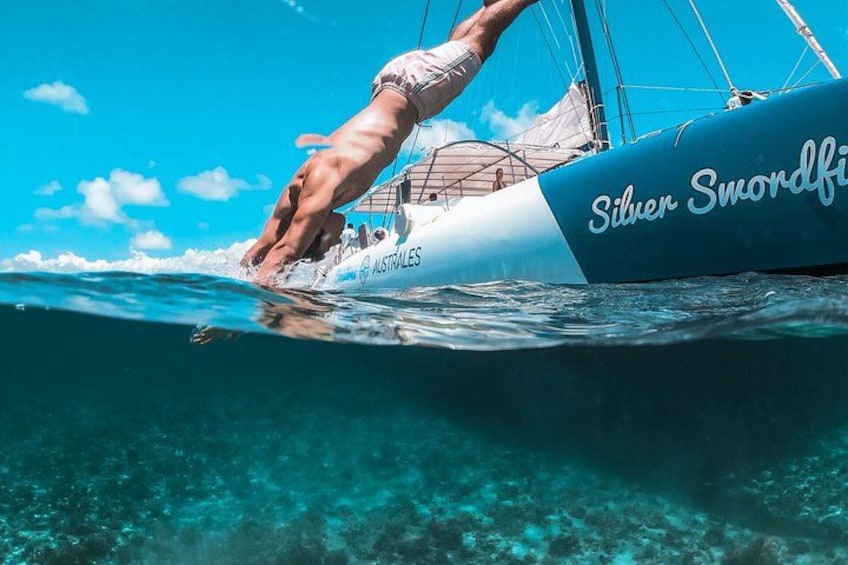 Una mano sale de un velero llamado 'Silber Swordfish' hacia el agua. 1