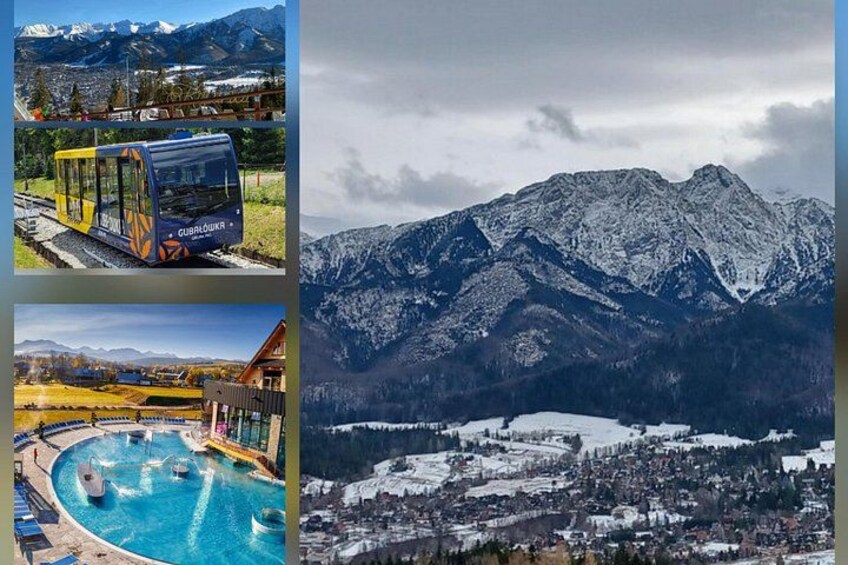 A mountain landscape with a ski resort, a train, and a swimming pool. 2
