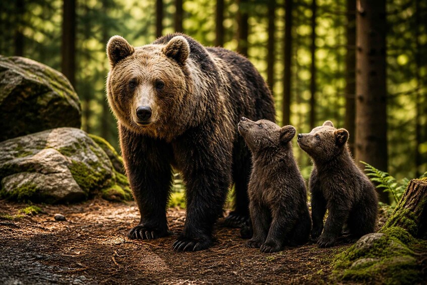 A bear with two cubs in a forest. 1