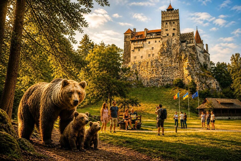 A castle on a hill with bears and people in a park. 2