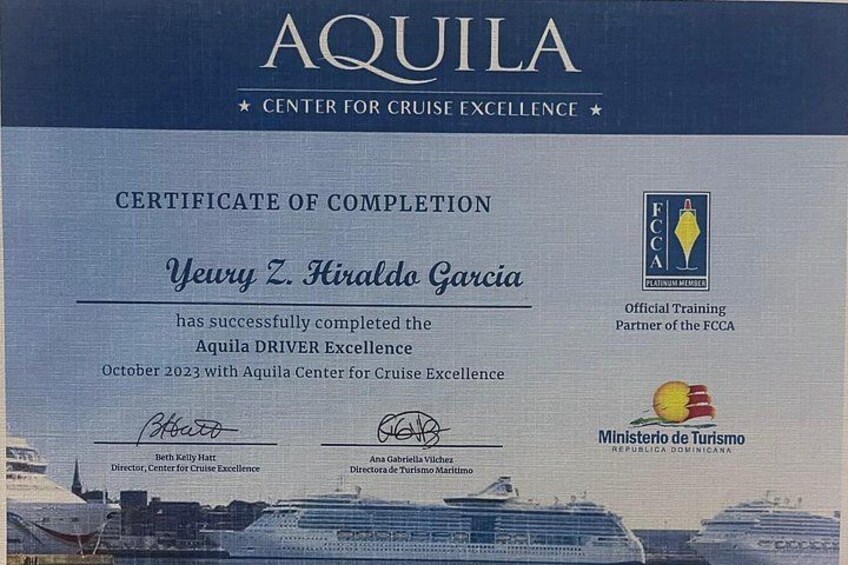 A certificate of completion for the Aquila DRIVER Excellence program. 2