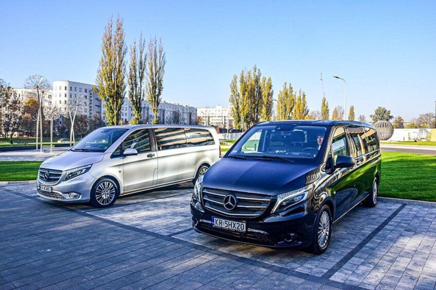 Due furgoni Mercedes-Benz parcheggiati su un'area pavimentata, con un prato e alberi sullo sfondo. 1