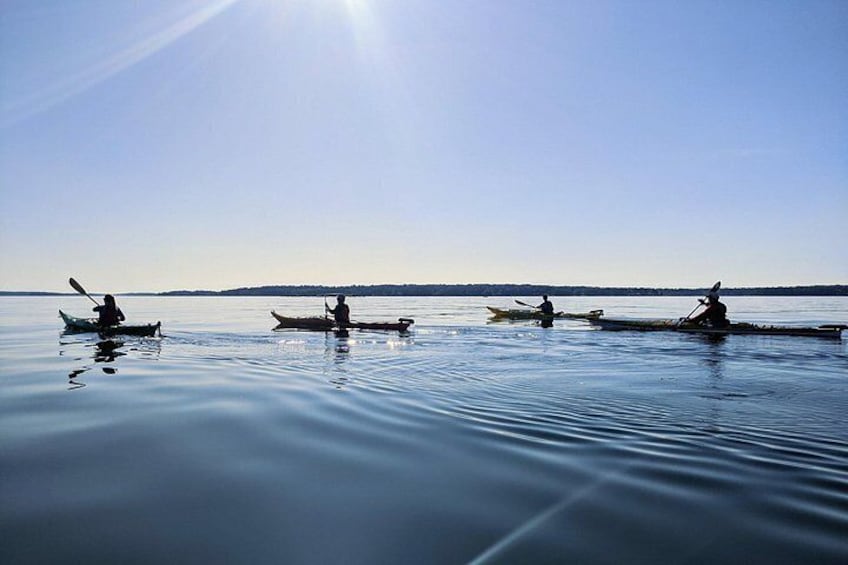 Trois kayaks sur une eau calme, sous un ciel dégagé. 3