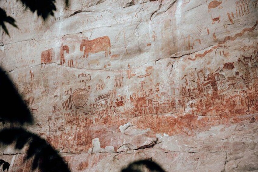 Pared de cueva con petroglifos antiguos, incluyendo figuras de animales y símbolos similares a los humanos. 1