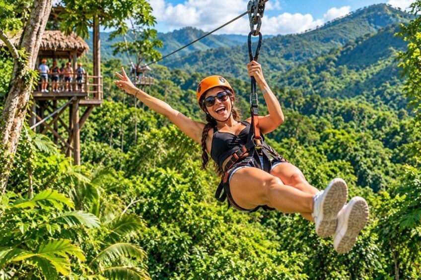 A person zip-lining through a lush green forest with a wooden platform in the background. 1