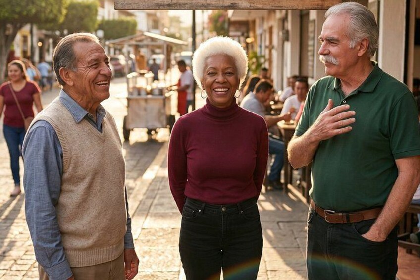 Drie mensen staan op een straat met winkels en voetgangers op de achtergrond. 2