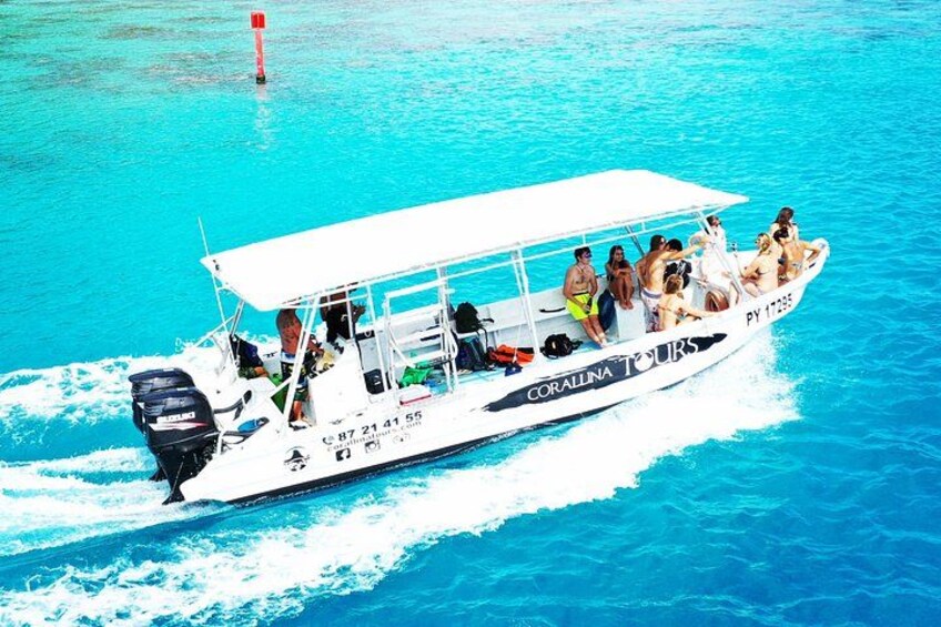 A boat with passengers, labeled 'CORALLINA TOURS,' moving through clear blue water. 4