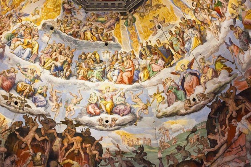 A detailed fresco mural with multiple figures and scenes. 3