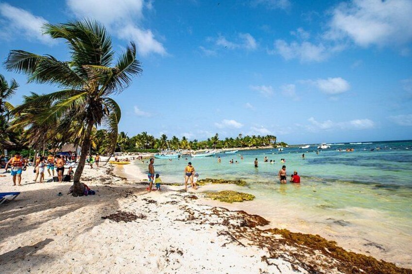 A beach with people, palm trees, and clear water. 2