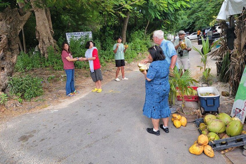 Des personnes interagissent près d'une route, à proximité de cocotiers et d'un panneau indicateur. 2