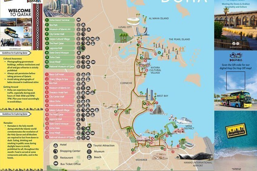 A travel map of Doha, Qatar, highlighting landmarks like the Museum of Islamic Art, Souq Al-Bayari, and the Corniche. 3