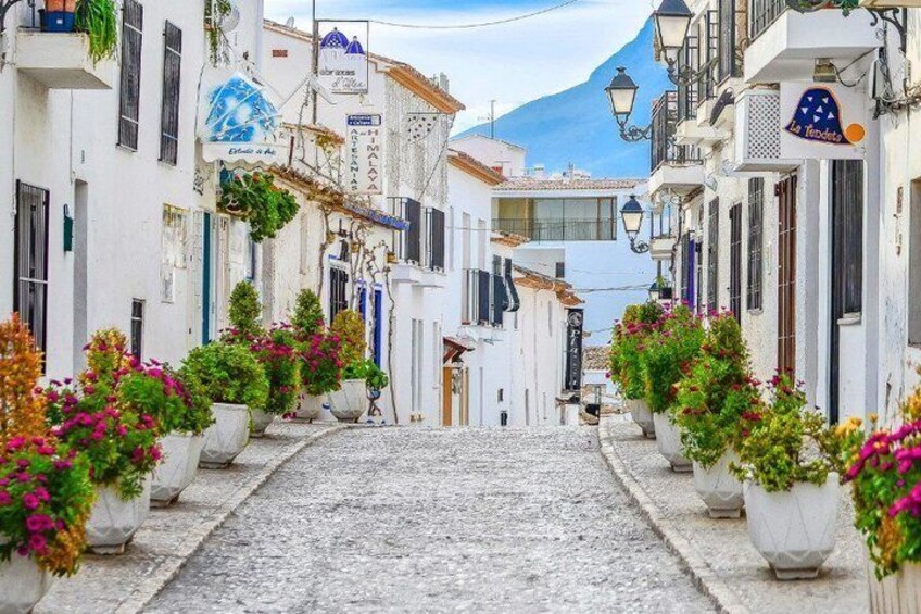 A narrow cobblestone street flanked by white buildings with balconies, potted plants, and a mountain in the background. 3