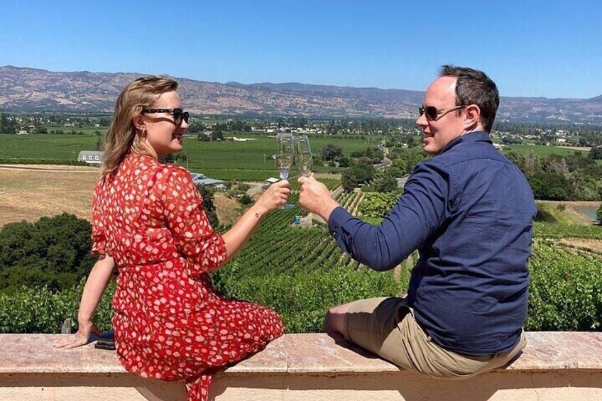 Una pareja brindando con copas de vino en un viñedo. 3
