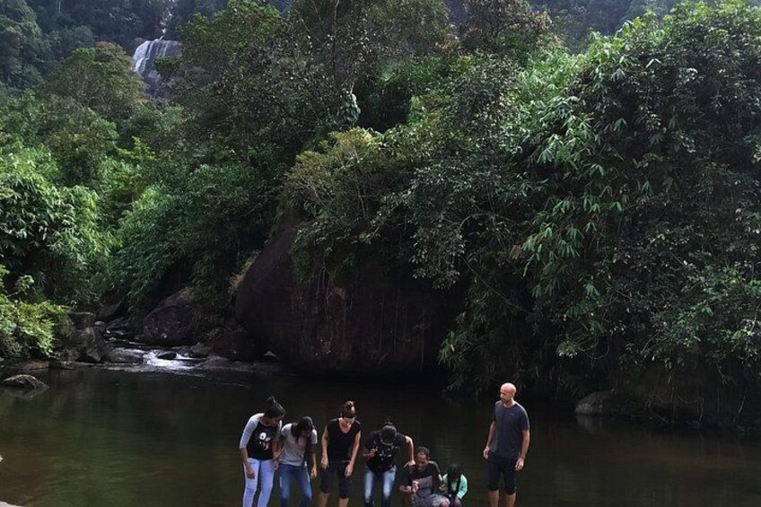 Un grupo de personas junto a un río en un área boscosa, con una cascada al fondo. 3