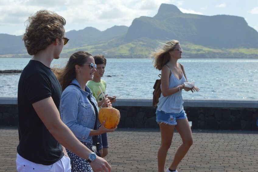 Des personnes se promènent le long d’une promenade en bord de mer, avec un paysage montagneux en arrière-plan. 1