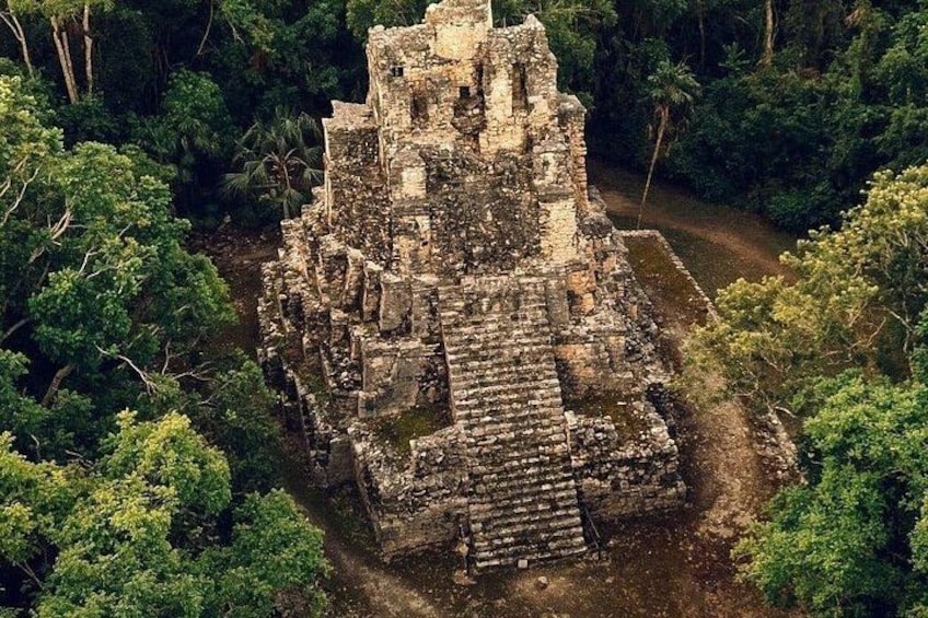 An ancient Mayan pyramid surrounded by dense tropical forest. 5