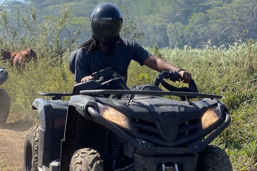 Iemand rijdt op een quad door een stoffig bospad, omringd door groen. 3